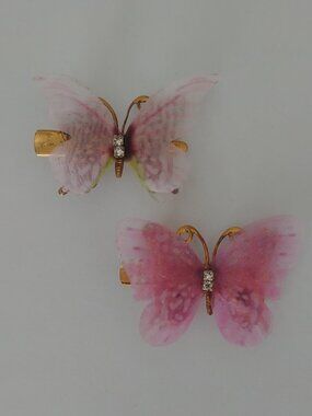 Set of two Y2K butterfly hair clips pink gold tone crystals filmy wings